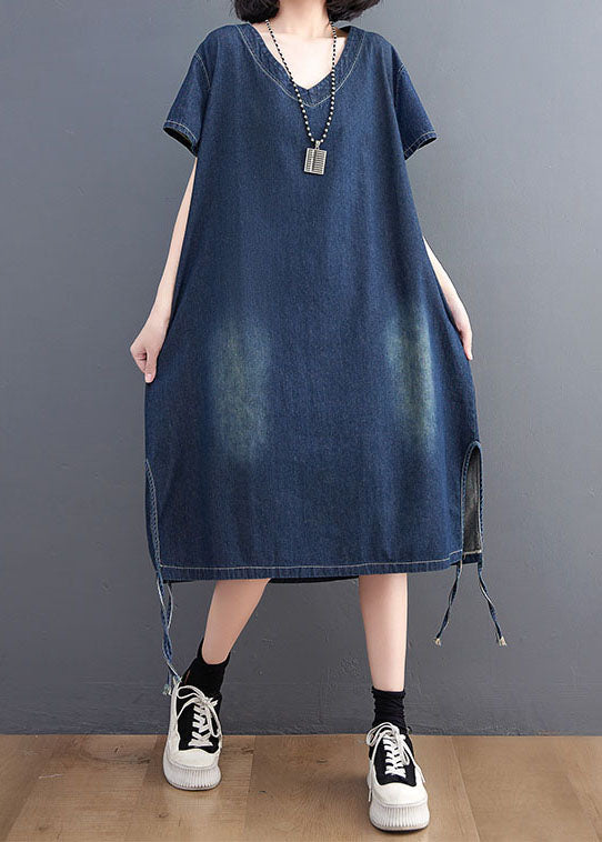 Simple Blue V Neck Patchwork Side Open Denim Dress Summer LY3947 - fabuloryshop