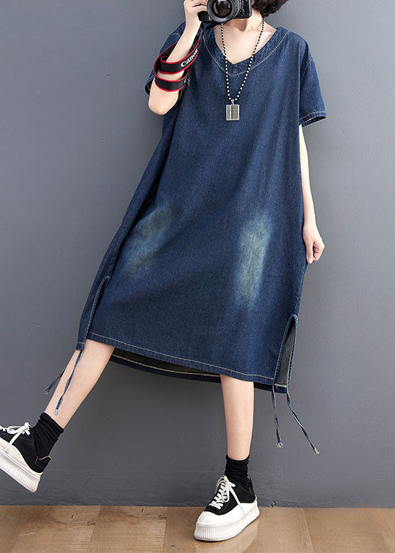 Simple Blue V Neck Patchwork Side Open Denim Dress Summer LY3947 - fabuloryshop