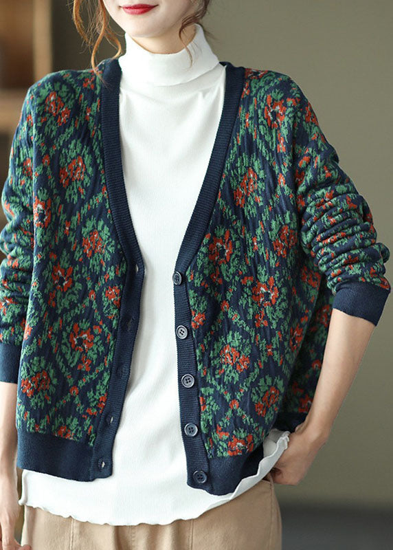 Simple Blue V Neck Print Knit Loose Cardigans Spring TG1032 - fabuloryshop