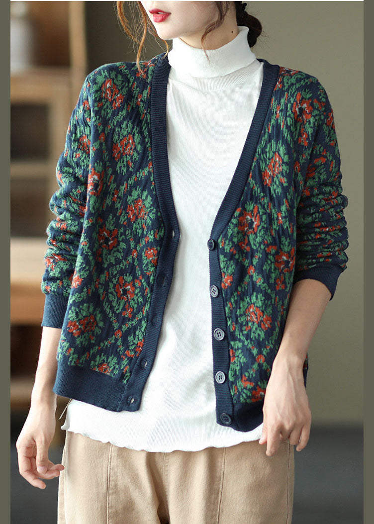 Simple Blue V Neck Print Knit Loose Cardigans Spring TG1032 - fabuloryshop