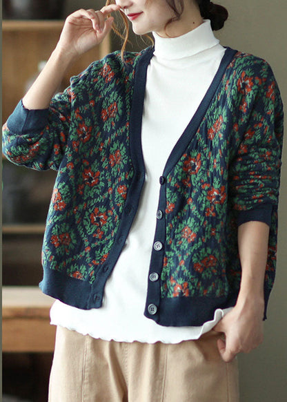 Simple Blue V Neck Print Knit Loose Cardigans Spring TG1032 - fabuloryshop