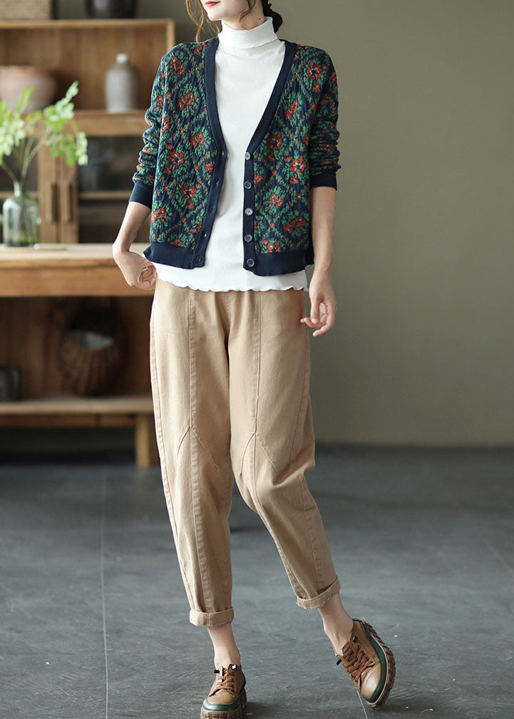 Simple Blue V Neck Print Knit Loose Cardigans Spring TG1032 - fabuloryshop