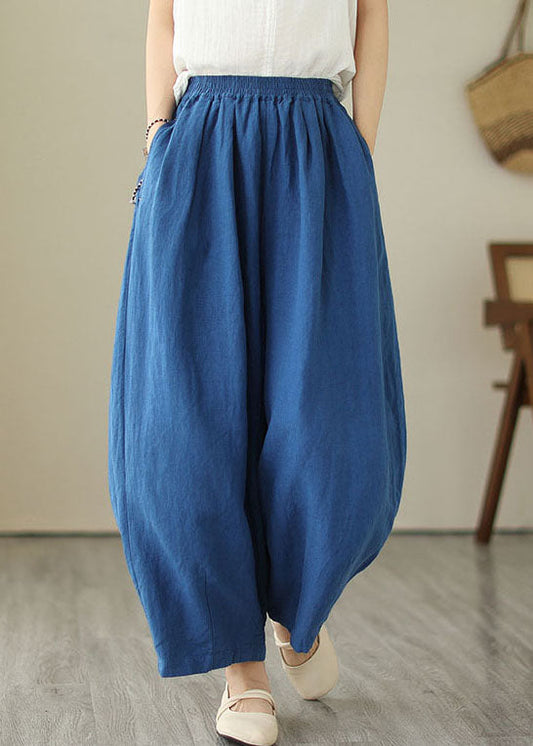 Simple Blue Wrinkled Pockets Elastic Waist Patchwork Linen Skirt Summer LY4925 - fabuloryshop