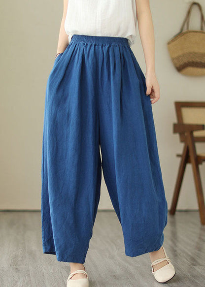 Simple Blue Wrinkled Pockets Elastic Waist Patchwork Linen Skirt Summer LY4925 - fabuloryshop