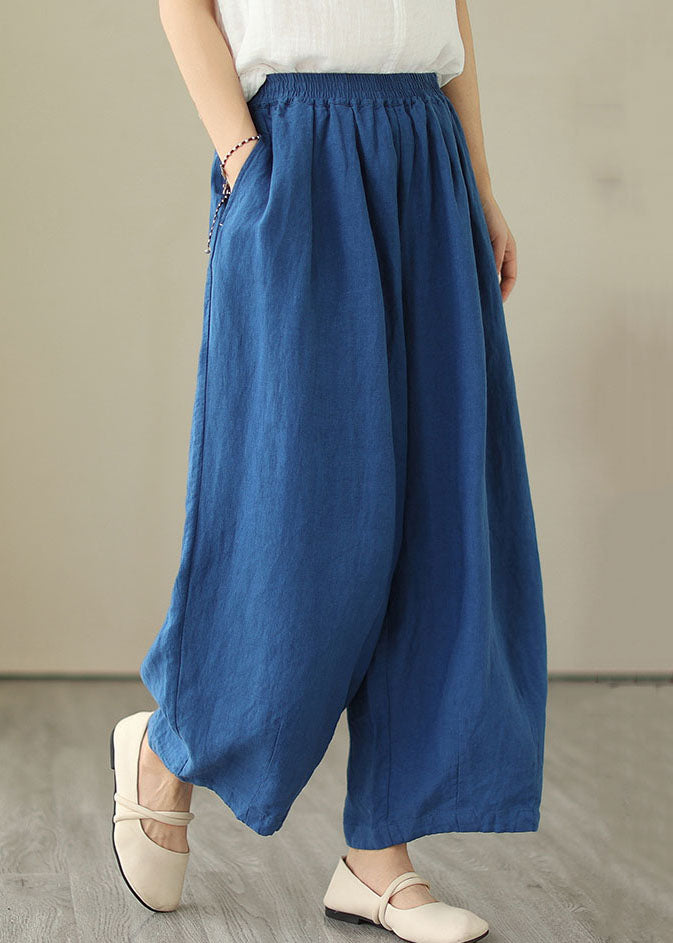 Simple Blue Wrinkled Pockets Elastic Waist Patchwork Linen Skirt Summer LY4925 - fabuloryshop