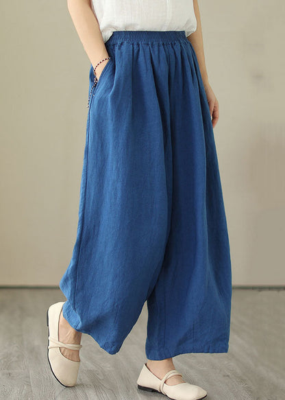 Simple Blue Wrinkled Pockets Elastic Waist Patchwork Linen Skirt Summer LY4925 - fabuloryshop