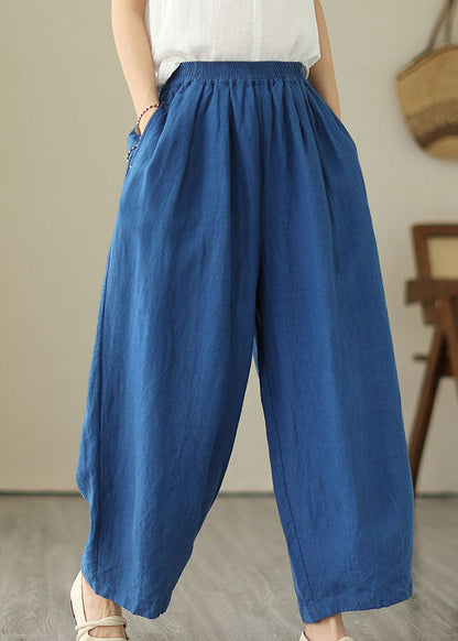 Simple Blue Wrinkled Pockets Elastic Waist Patchwork Linen Skirt Summer LY4925 - fabuloryshop