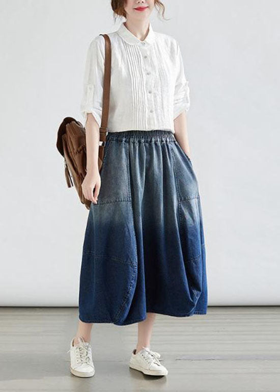 Simple Blue Wrinkled Pockets Gradient Color Denim Skirts Summer LY0583