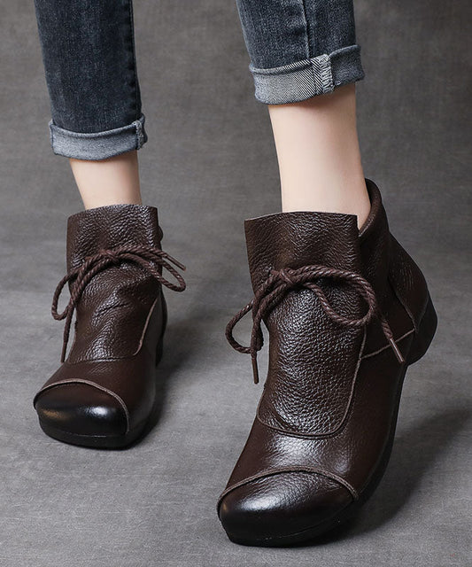 Simple Brown Cowhide Leather Boots Lace Up Splicing Ankle Boots LC0518 - fabuloryshop