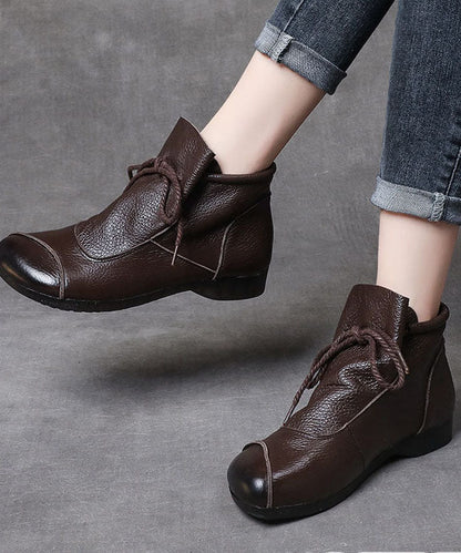 Simple Brown Cowhide Leather Boots Lace Up Splicing Ankle Boots LC0518 - fabuloryshop