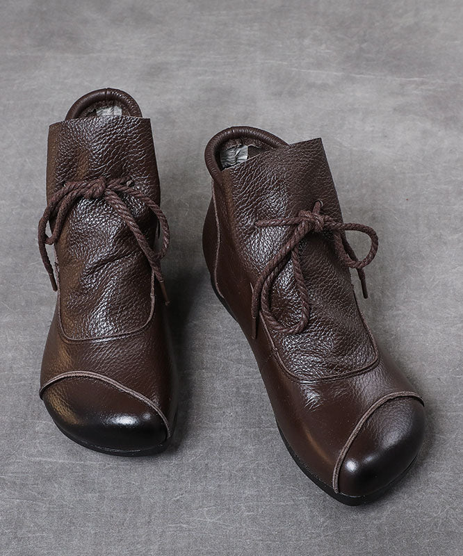 Simple Brown Cowhide Leather Boots Lace Up Splicing Ankle Boots LC0518 - fabuloryshop