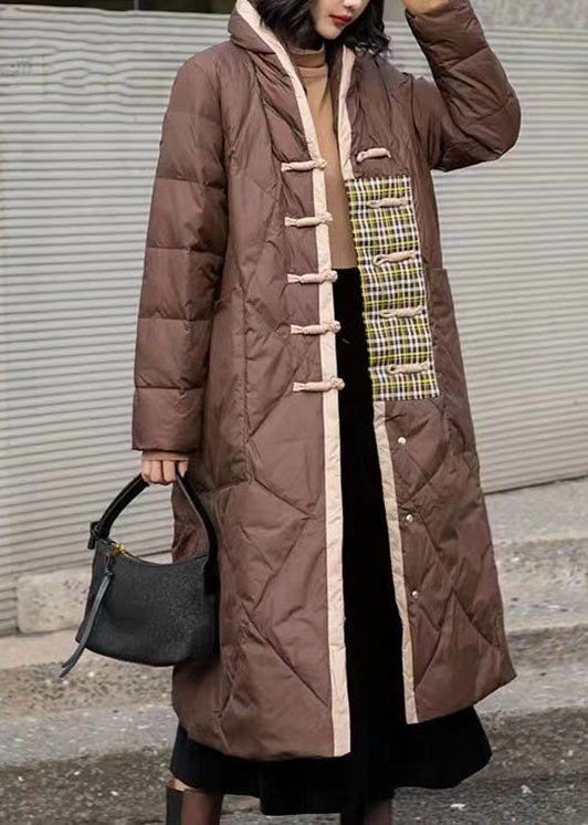 Simple Brown Patchwork Oriental Button Duck Down Puffer Outwear Winter LY0012 - fabuloryshop