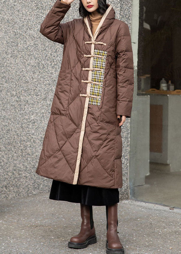 Simple Brown Patchwork Oriental Button Duck Down Puffer Outwear Winter LY0012 - fabuloryshop