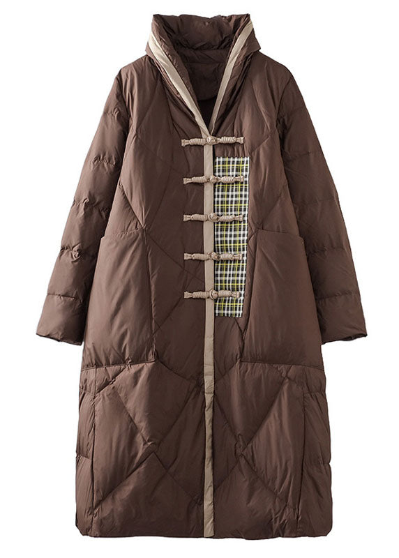 Simple Brown Patchwork Oriental Button Duck Down Puffer Outwear Winter LY0012 - fabuloryshop