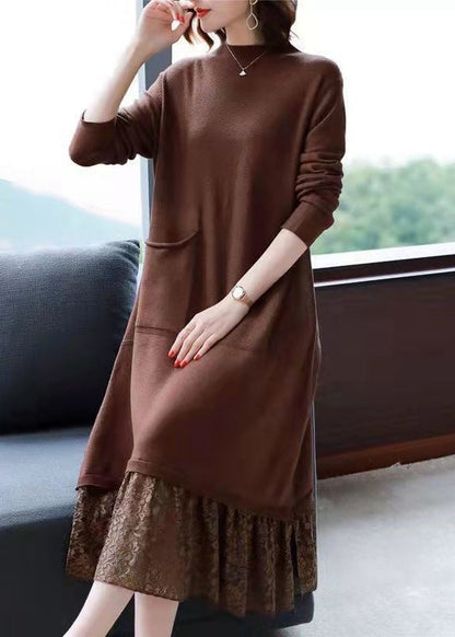 Simple Brown Pockets Lace Patchwork Knit Dresses Fall Ada Fashion