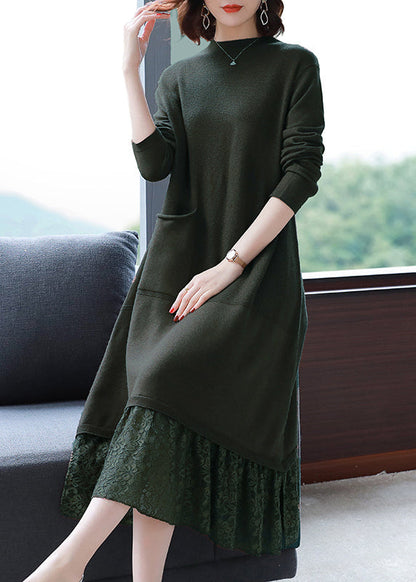 Simple Brown Pockets Lace Patchwork Knit Dresses Fall Ada Fashion