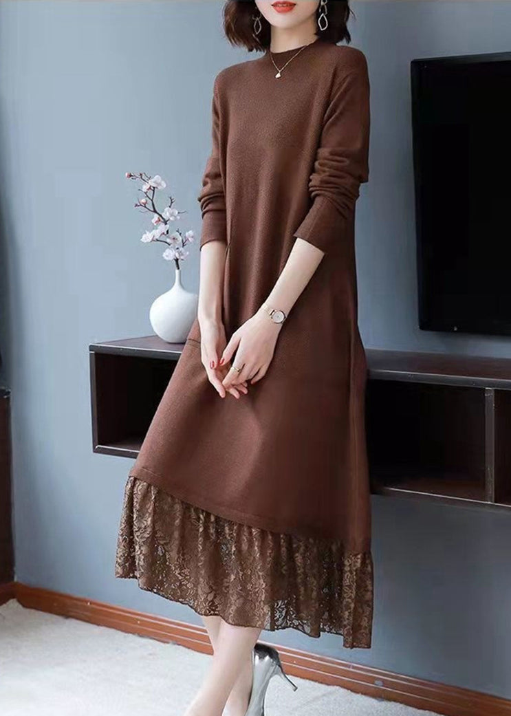 Simple Brown Pockets Lace Patchwork Knit Dresses Fall Ada Fashion