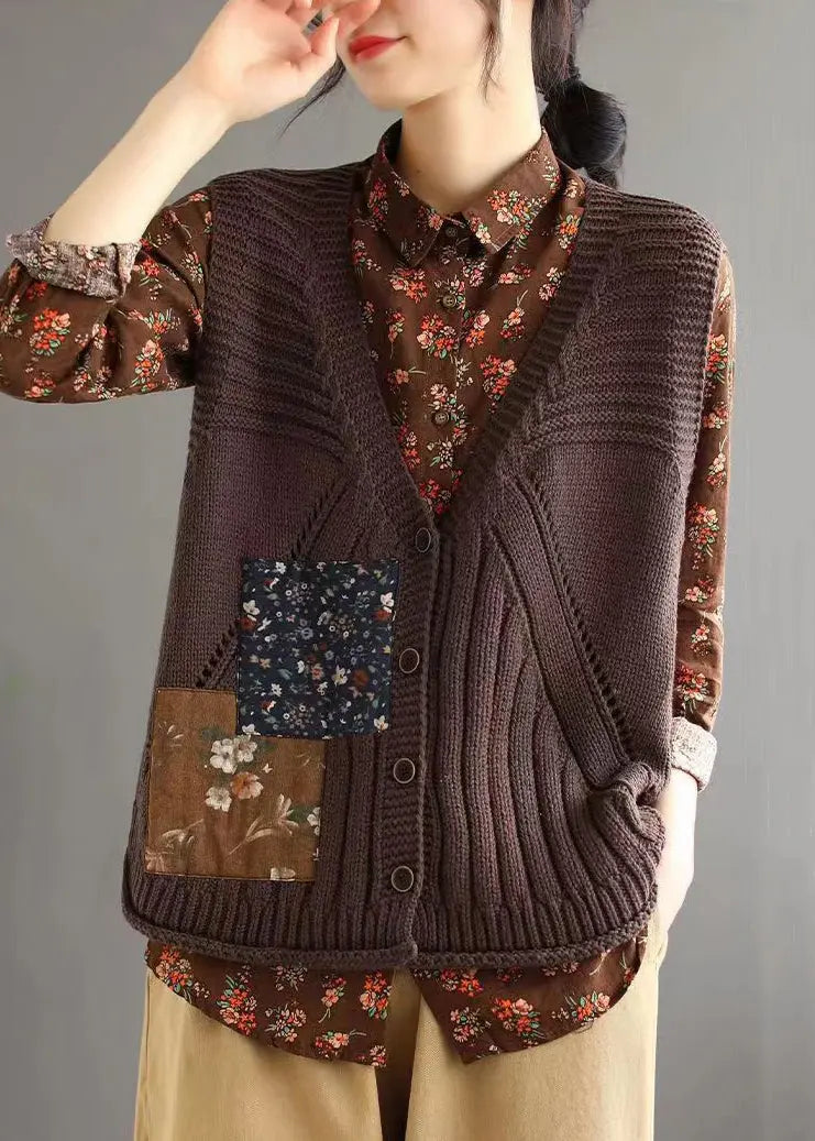 Simple Brown V Neck Button Hollow Out Cotton Knit Waistcoat Sleeveless Ada Fashion