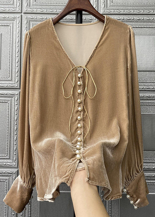 Simple Brown V Neck Pearl Patchwork Silk Velour Top Long Sleeve Ada Fashion