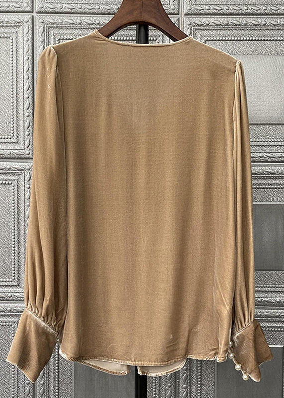 Simple Brown V Neck Pearl Patchwork Silk Velour Top Long Sleeve Ada Fashion