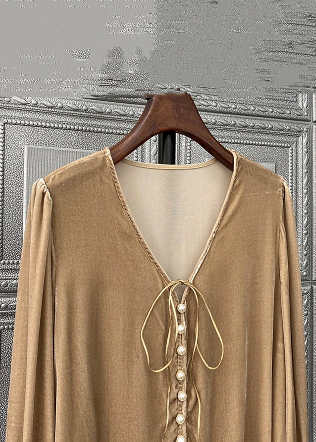 Simple Brown V Neck Pearl Patchwork Silk Velour Top Long Sleeve Ada Fashion