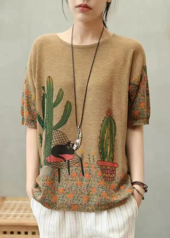 Simple Camel Print Patchwork Cozy Cotton Knit Top Summer Ada Fashion