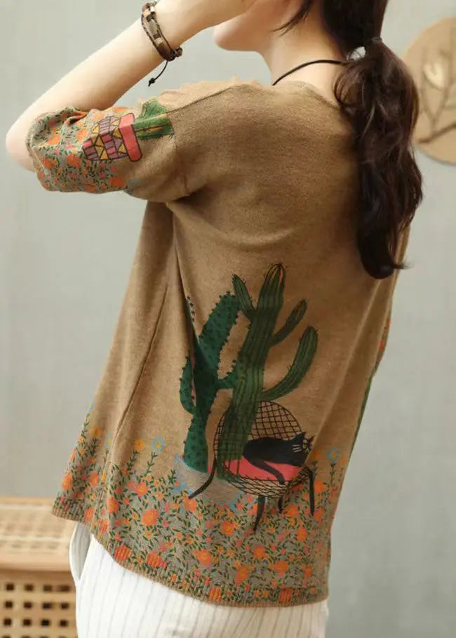 Simple Camel Print Patchwork Cozy Cotton Knit Top Summer Ada Fashion