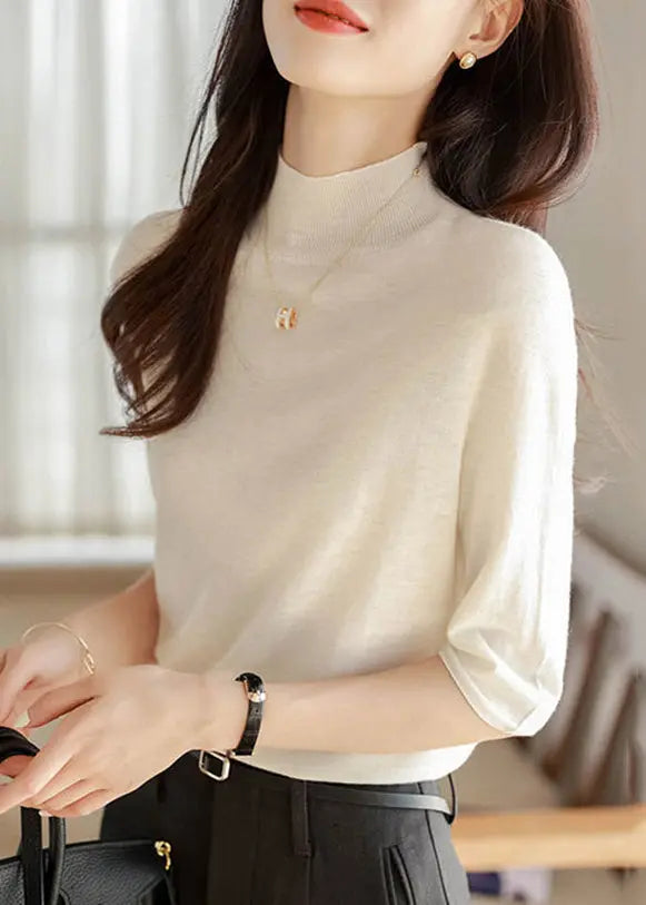 Simple Camel Turtleneck Cozy Cotton Knit Tops Half Sleeve Ada Fashion