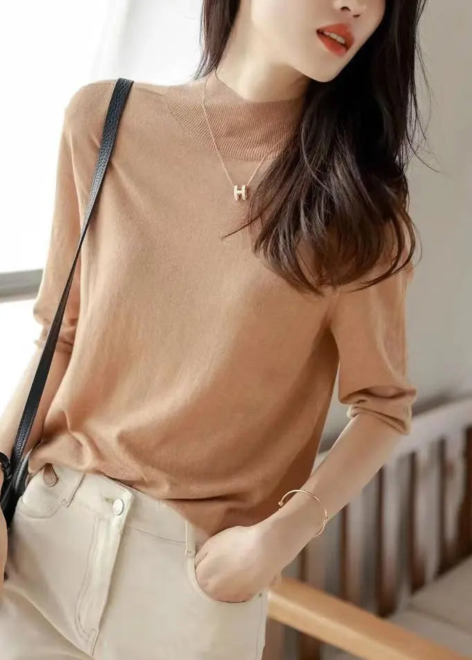 Simple Camel Turtleneck Cozy Cotton Knit Tops Half Sleeve Ada Fashion