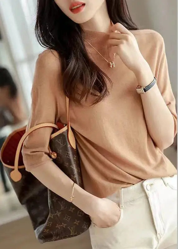 Simple Camel Turtleneck Cozy Cotton Knit Tops Half Sleeve Ada Fashion