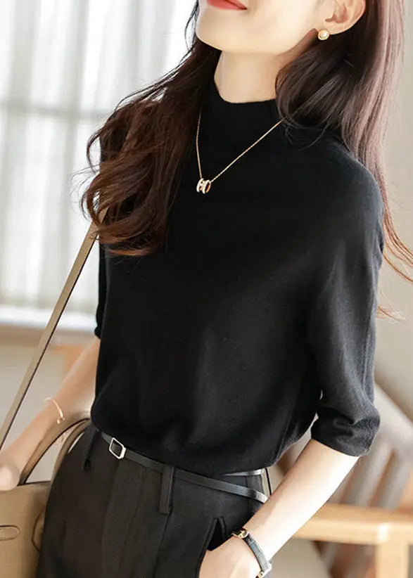 Simple Camel Turtleneck Cozy Cotton Knit Tops Half Sleeve Ada Fashion