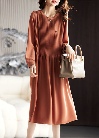 Simple Caramel O-Neck Wrinkled Maxi Dresses Long Sleeve Ada Fashion