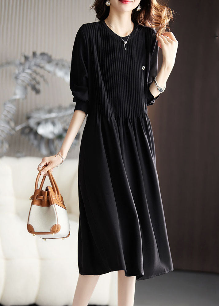 Simple Caramel O-Neck Wrinkled Maxi Dresses Long Sleeve Ada Fashion