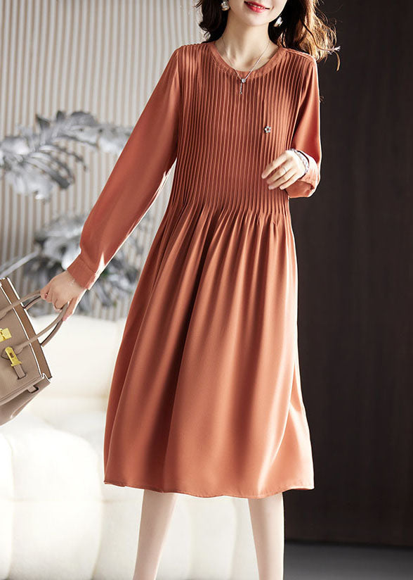 Simple Caramel O-Neck Wrinkled Maxi Dresses Long Sleeve Ada Fashion