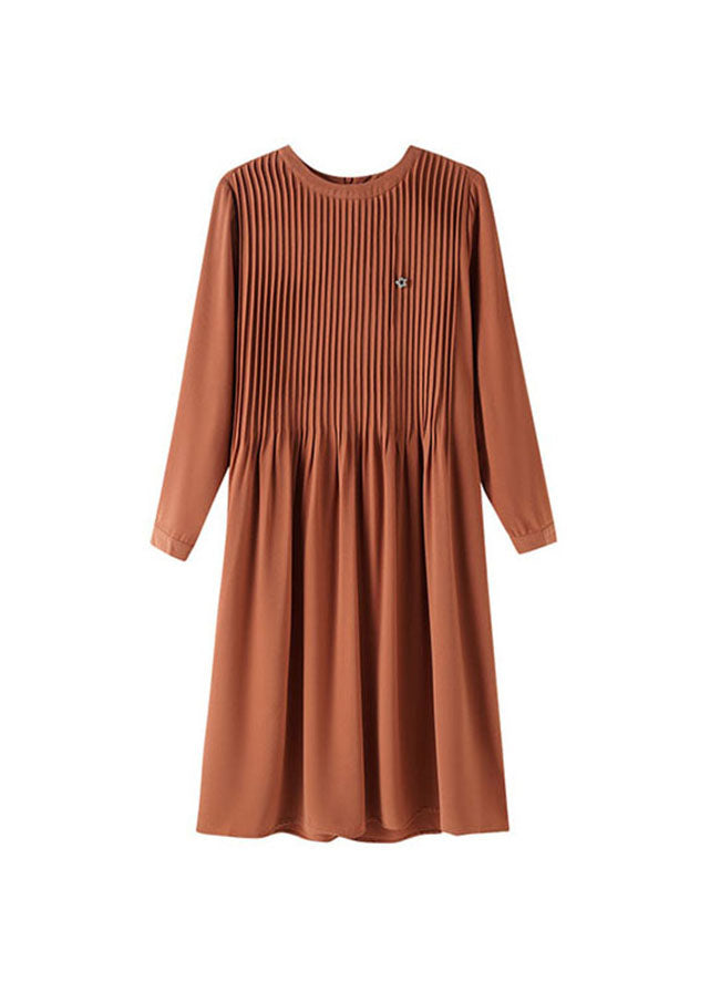 Simple Caramel O-Neck Wrinkled Maxi Dresses Long Sleeve Ada Fashion