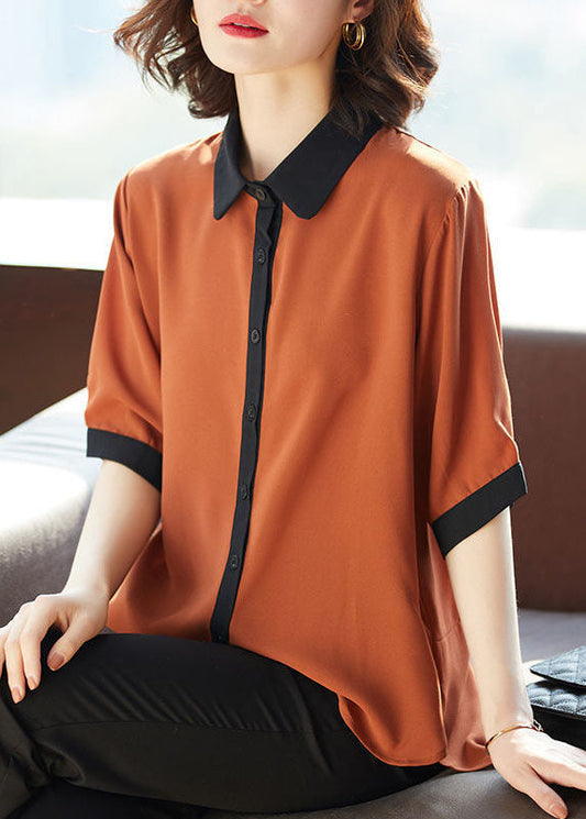 Simple Caramel Peter Pan Collar Button Patchwork Chiffon Shirts Top Summer LY6675 - fabuloryshop