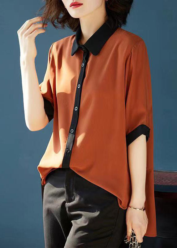 Simple Caramel Peter Pan Collar Button Patchwork Chiffon Shirts Top Summer LY6675 - fabuloryshop