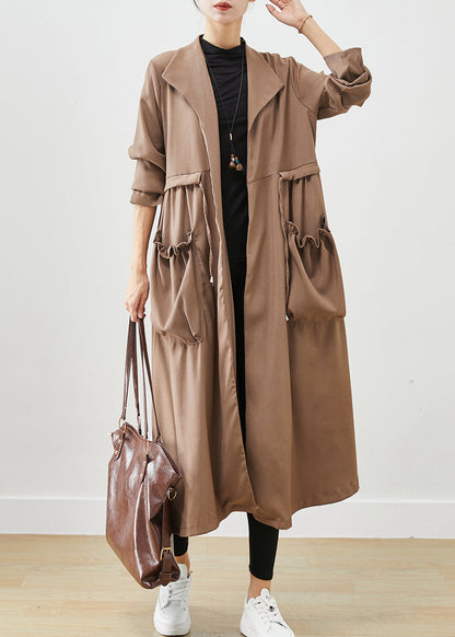 Simple Coffee Cinched Ruffled Pockets Cotton Coat Fall Ada Fashion