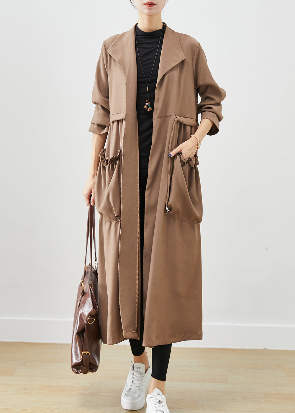 Simple Coffee Cinched Ruffled Pockets Cotton Coat Fall Ada Fashion