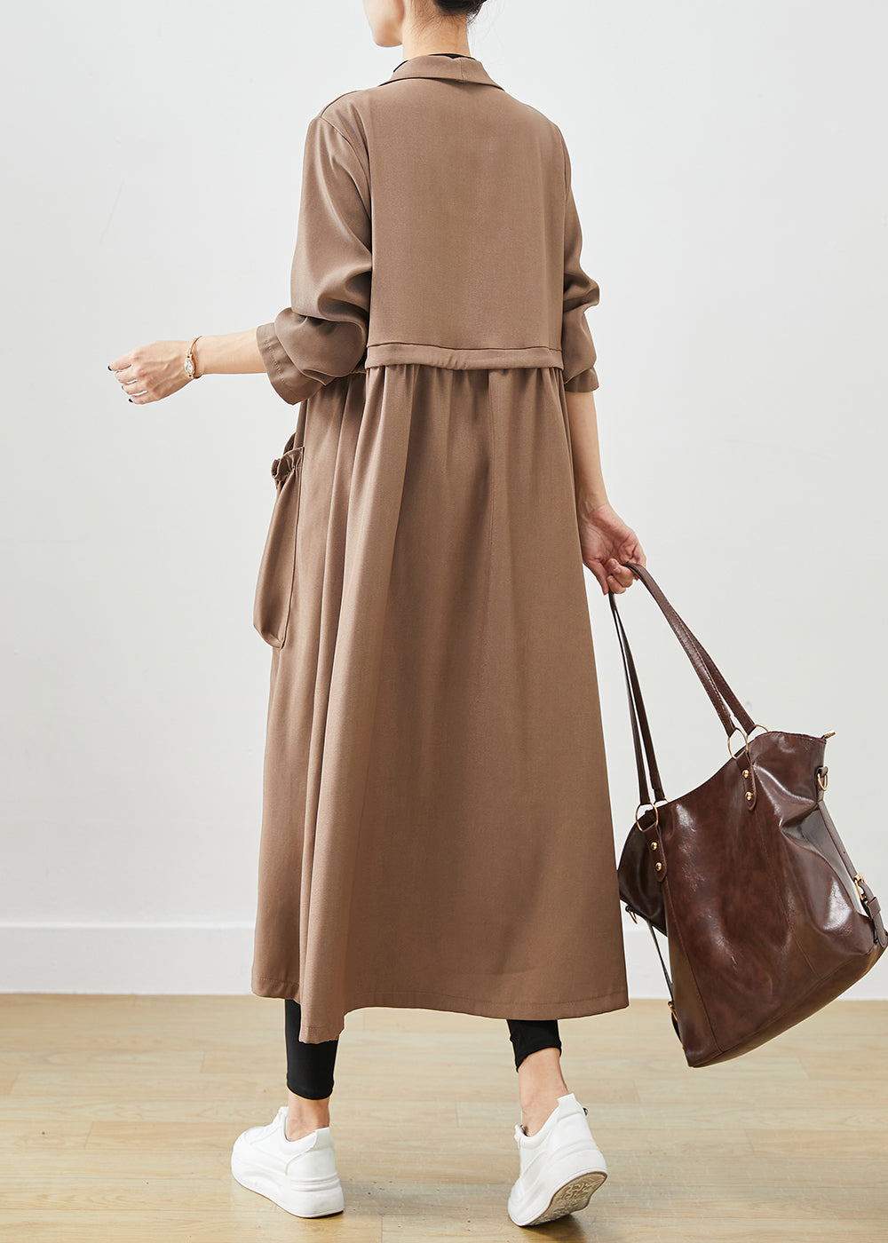 Simple Coffee Cinched Ruffled Pockets Cotton Coat Fall Ada Fashion