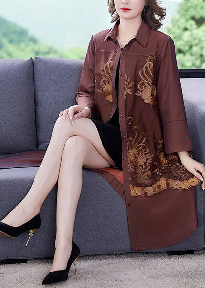 Simple Coffee Embroideried Patchwork Silk Trench Coats Bracelet Sleeve LY3739 - fabuloryshop