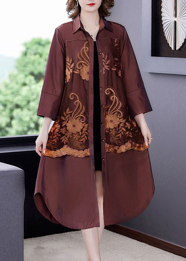 Simple Coffee Embroideried Patchwork Silk Trench Coats Bracelet Sleeve LY3739 - fabuloryshop