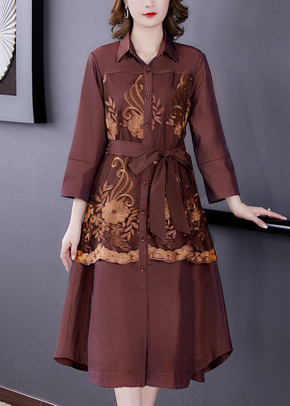 Simple Coffee Embroideried Patchwork Silk Trench Coats Bracelet Sleeve LY3739 - fabuloryshop