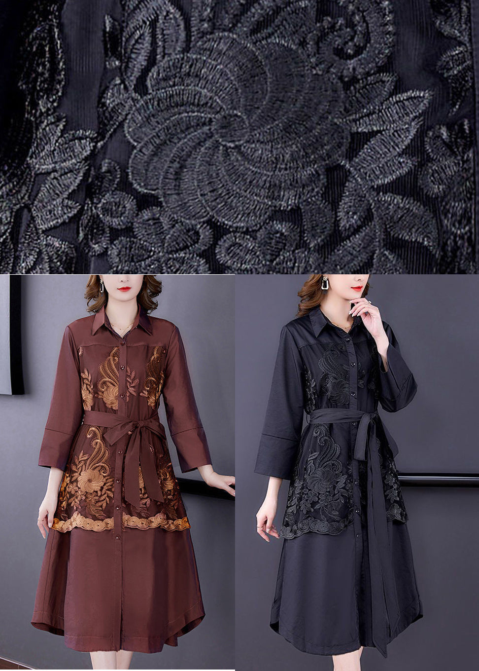 Simple Coffee Embroideried Patchwork Silk Trench Coats Bracelet Sleeve LY3739 - fabuloryshop