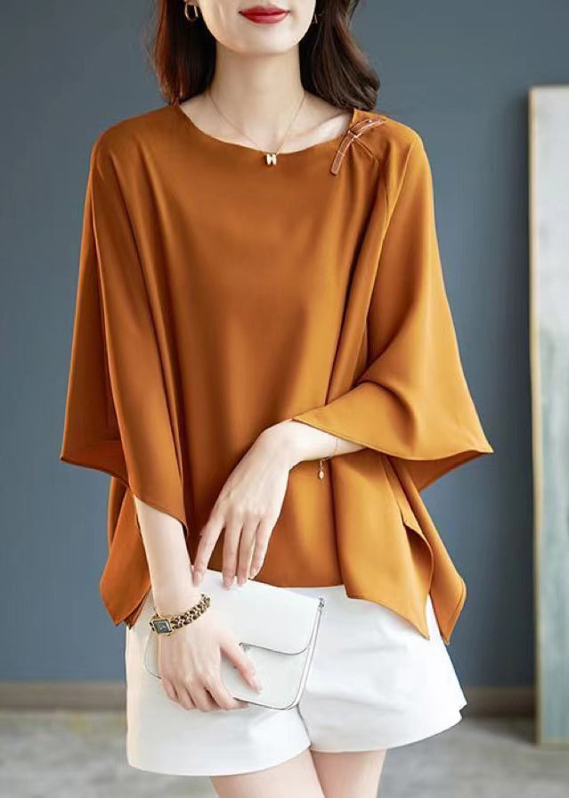 Simple Coffee O-Neck Asymmetrical Chiffon T Shirts Summer Ada Fashion