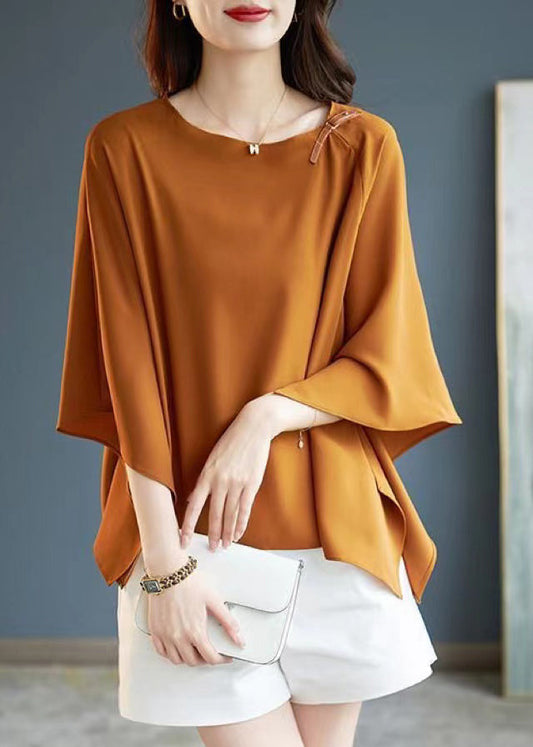 Simple Coffee O-Neck Asymmetrical Chiffon T Shirts Summer Ada Fashion