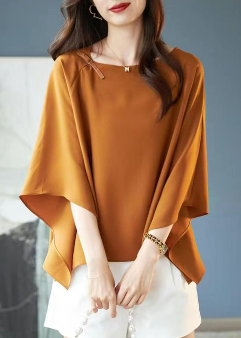 Simple Coffee O-Neck Asymmetrical Chiffon T Shirts Summer Ada Fashion