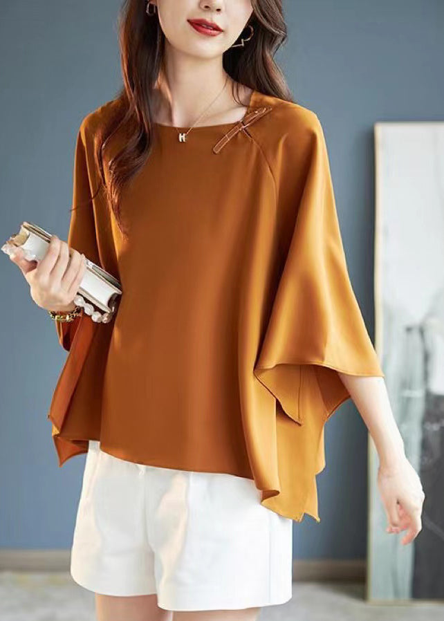 Simple Coffee O-Neck Asymmetrical Chiffon T Shirts Summer Ada Fashion