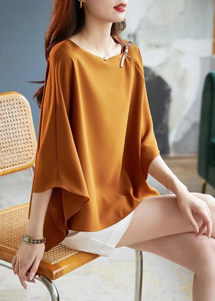 Simple Coffee O-Neck Asymmetrical Chiffon T Shirts Summer Ada Fashion