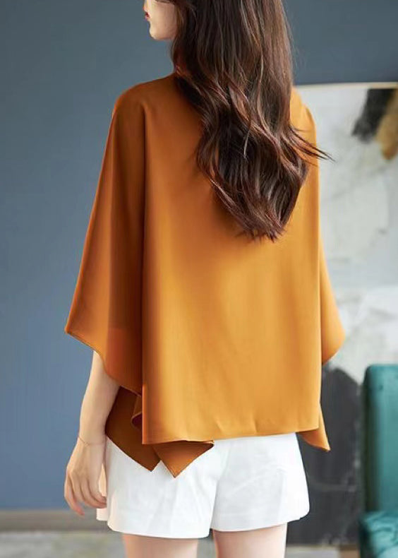 Simple Coffee O-Neck Asymmetrical Chiffon T Shirts Summer Ada Fashion